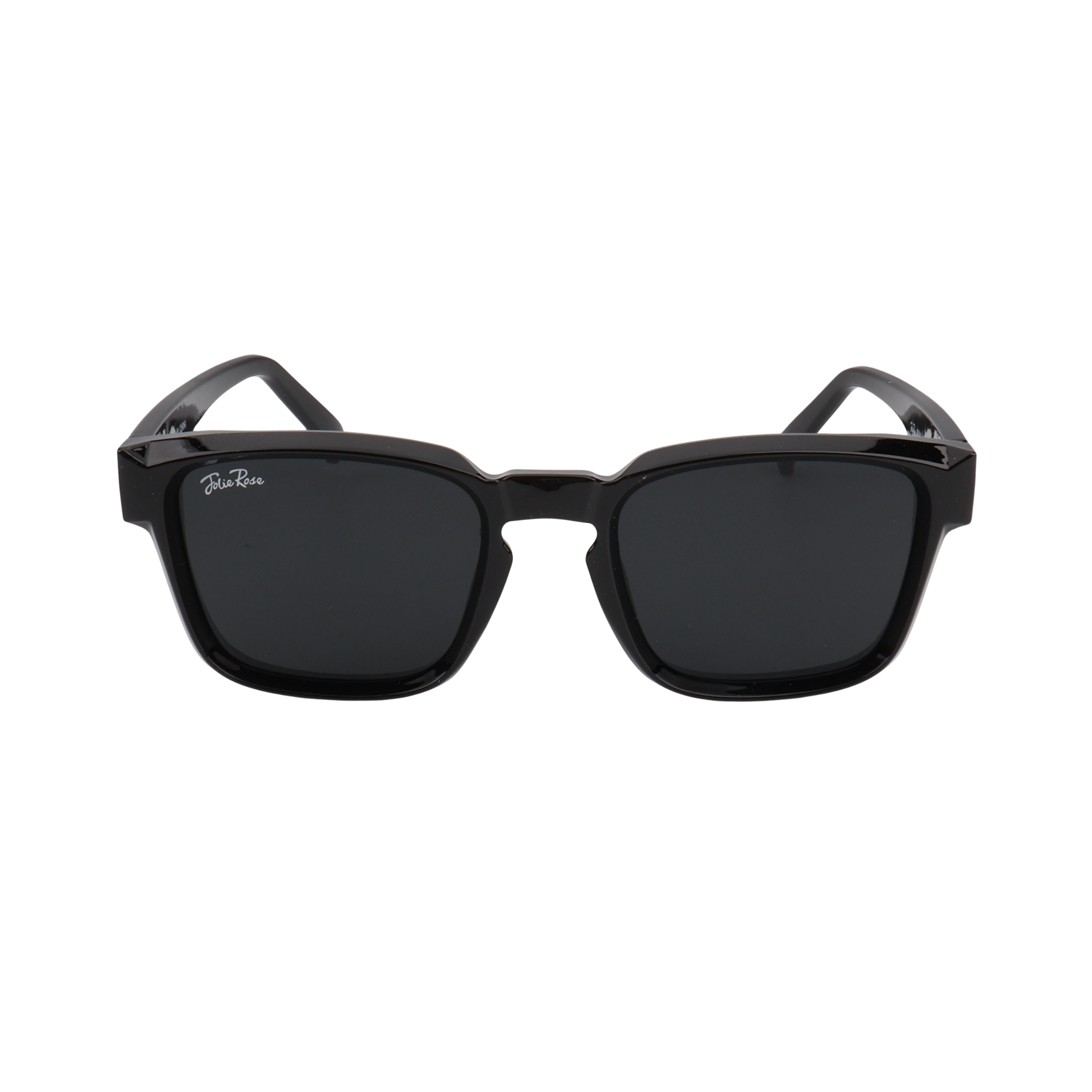 Black sunglasses with a brand logo on a white background